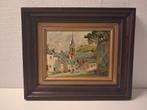 Dorp met kerk. Olieverf op board., Antiek en Kunst, Ophalen of Verzenden