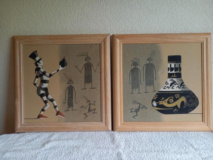 Twee ingelijste Hopi/Navajo sand paintings /zandschilderijen, Antiek en Kunst, Kunst | Overige Kunst, Ophalen