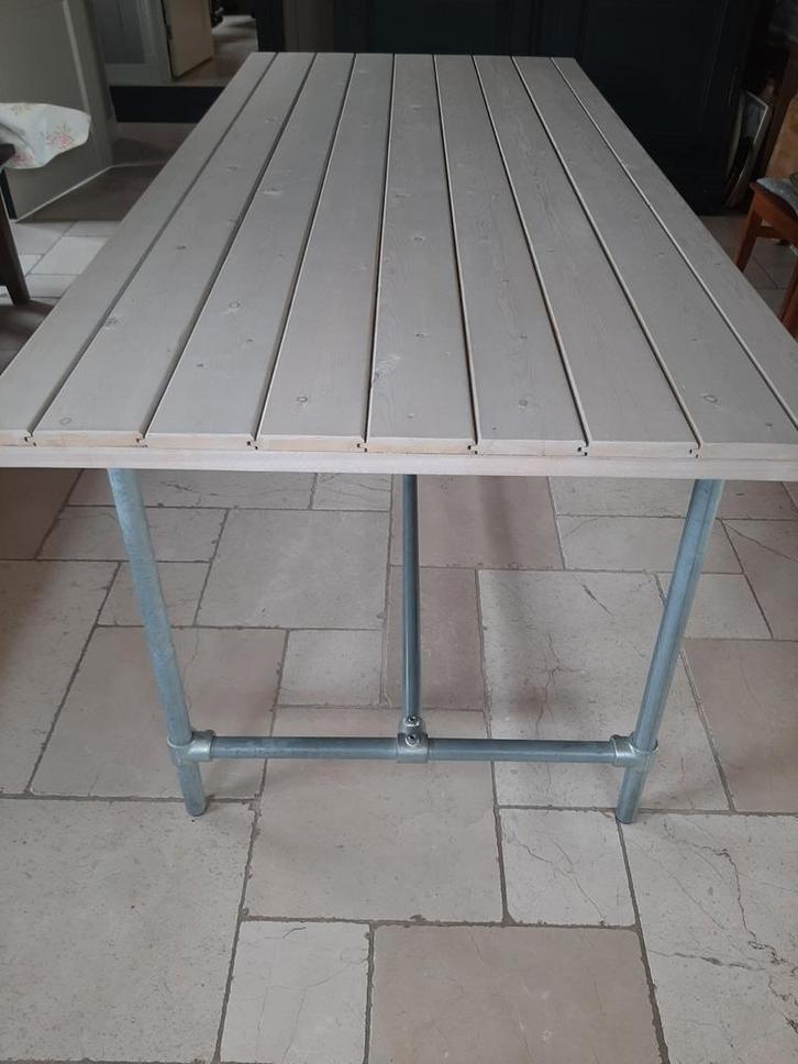 eettafel met steigerbuizen onderstel en houten blad 210x96, Huis en Inrichting, Tafels | Eettafels, Nieuw, 50 tot 100 cm, 200 cm of meer