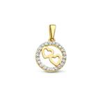 Gouden zirkonia hangertje rond met 2 gouden hartjes - 14KRT, Nieuw, Ophalen of Verzenden, Hart, Goud