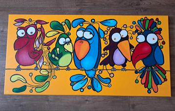 Kleurig acryl schilderij met vogels. beschikbaar voor biedingen