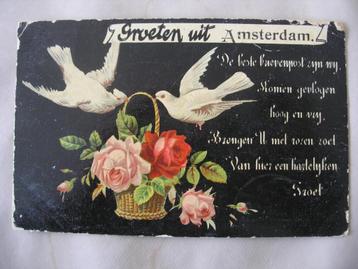 1909 - Felicitatie ansicht Groeten uit Amsterdam, met versje beschikbaar voor biedingen