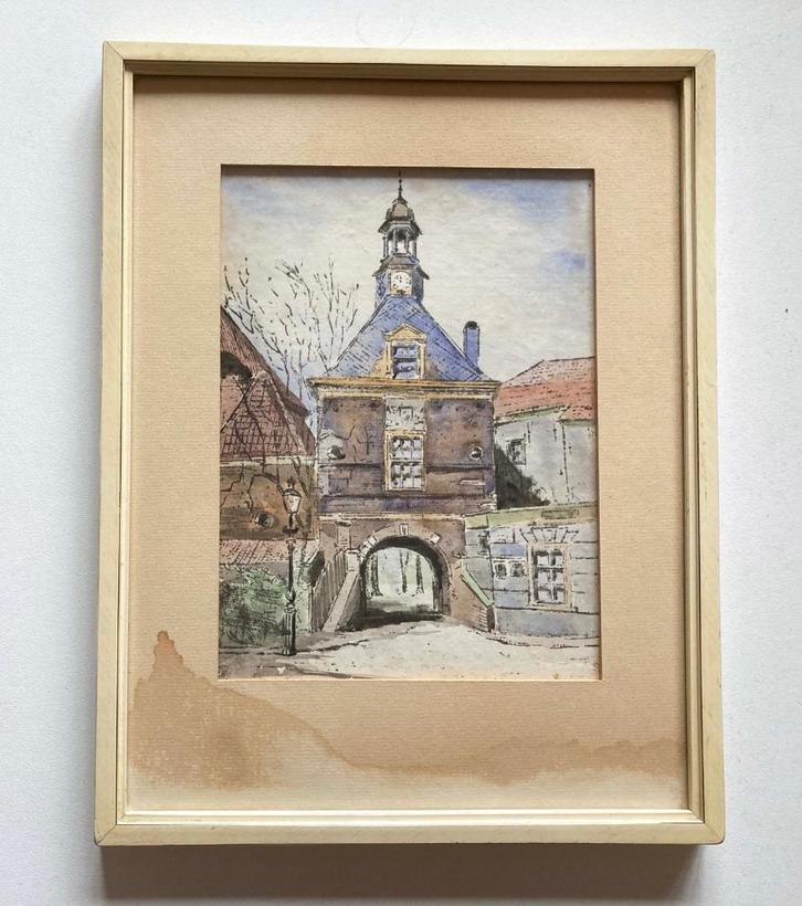 Kleine aquarel van de Waterpoort in Tiel, ingelijst, Antiek en Kunst, Kunst | Tekeningen en Foto's, Ophalen of Verzenden