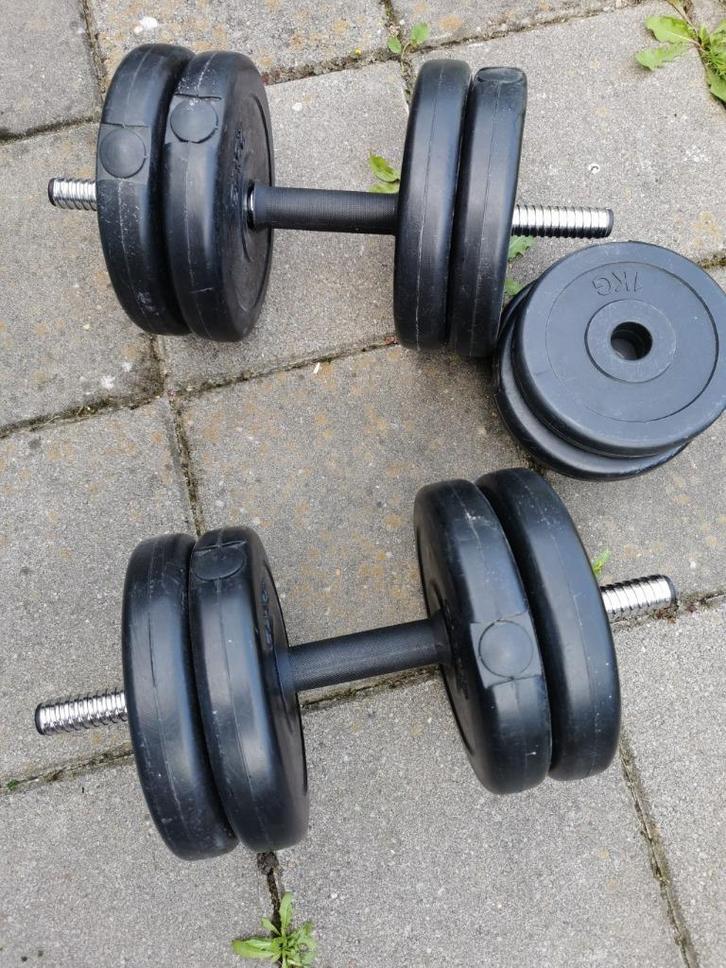 Dumbbells en halterschijven set 24 kg, Sport en Fitness, Fitnessmaterialen, Gebruikt, Dumbbell, Armen, Benen, Borst, Buik, Rug