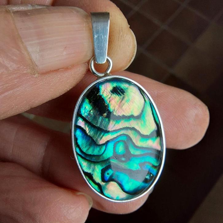 Mooie nieuwe zilveren hanger met Paua schelp/Abalone, Sieraden, Tassen en Uiterlijk, Kettinghangers, Nieuw, Zilver, Groen, Met edelsteen