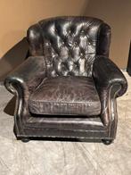 Stoere Vintage craquelé Leren Chesterfield fauteuil, Gebruikt, 50 tot 75 cm, Chesterfield, Leer