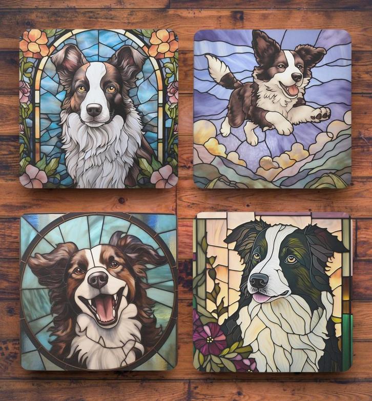 Border Collie Glas in Lood onderzetters met houder, Huis en Inrichting, Woonaccessoires | Onderzetters, Nieuw, Glas of Kopje, Ophalen of Verzenden
