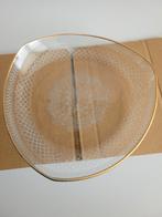 Vintage servies prachtige glazen schaal met kant motief, Ophalen of Verzenden