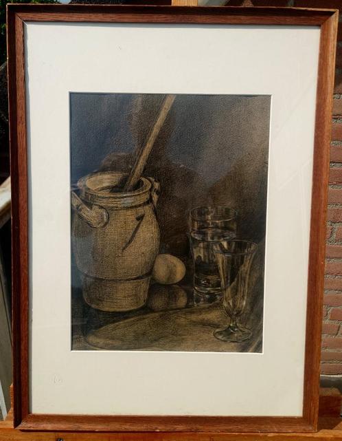 ~1900 Potlood tekening, stilleven met glazen. veiling nummer, Antiek en Kunst, Kunst | Schilderijen | Klassiek, Ophalen of Verzenden