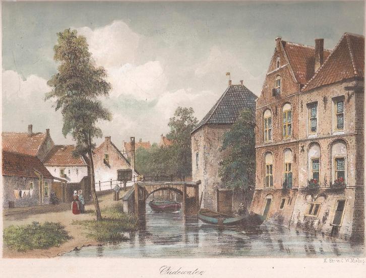 Gezicht in Oudewater Kleuren litho C.W. Mieling 1863, Antiek en Kunst, Kunst | Etsen en Gravures, Ophalen of Verzenden