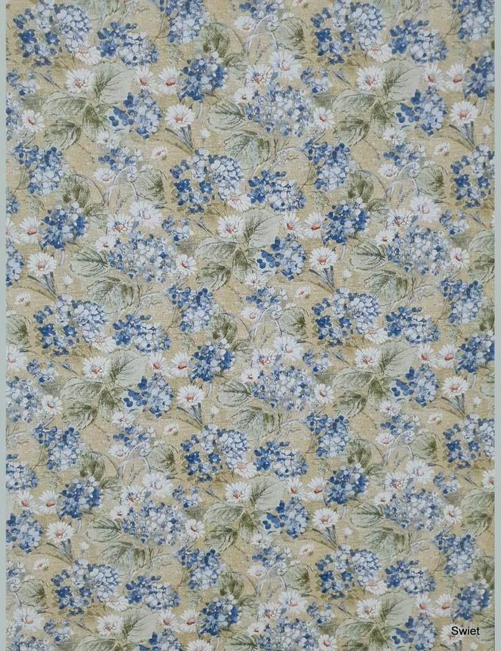 13993 behang blauwe bloemen op jute vintage landelijk swiet, Huis en Inrichting, Stoffering | Behang, Blauw, minder dan 10 m²