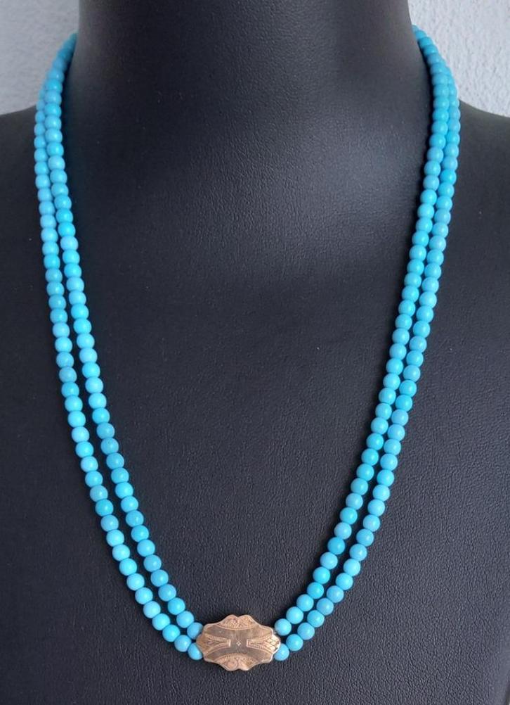 Natuurlijke Turkoois met een gouden tussenstuk en slot, Sieraden, Tassen en Uiterlijk, Antieke sieraden, Ketting, Goud, Met edelsteen