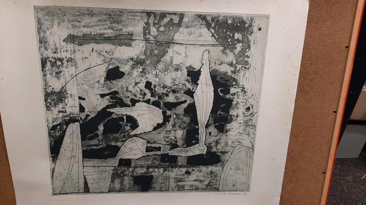 Wout van Heusden - Abstracte Compositie, Antiek en Kunst, Kunst | Etsen en Gravures, Ophalen