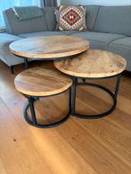 3 ronde salontafels robuust hout met zwarte poten, Huis en Inrichting, Tafels | Salontafels, Ophalen, 50 tot 100 cm, Rond, Zo goed als nieuw