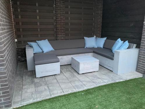 Steigerhout hoekbank Loungebank loungeset tuinset, Huis en Inrichting, Banken | Voetenbanken en Poefen, Zo goed als nieuw, 125 cm of meer