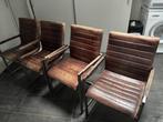 4 lederen eetkamerstoelen - metalen frame, Huis en Inrichting, Stoelen, Ophalen, Gebruikt, Bruin, Metaal