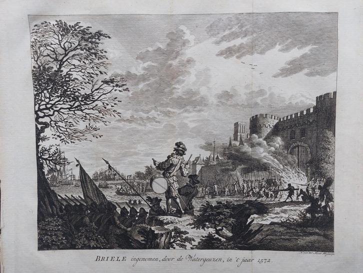 16 / Brielle ingenomen door Watergeuzen 1 april 1572, Antiek en Kunst, Kunst | Etsen en Gravures, Ophalen of Verzenden