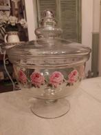 Glazen ronde schaal op voet met deksel roosjes, Ophalen of Verzenden