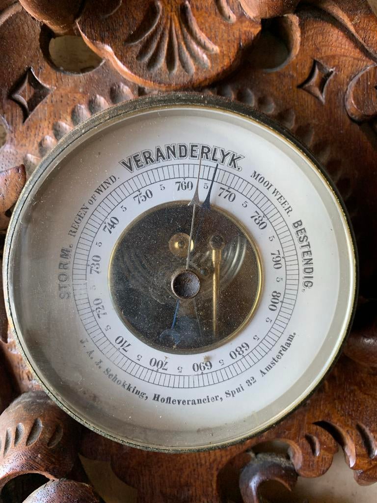 Oude Barometer A.J. Schokking - Beschadigd Hout, Audio, Tv en Foto, Weerstations en Barometers, Ophalen of Verzenden, Gebruikt
