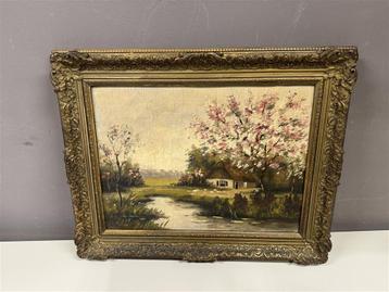 schilderij - bloesemboom bij boerderij beschikbaar voor biedingen