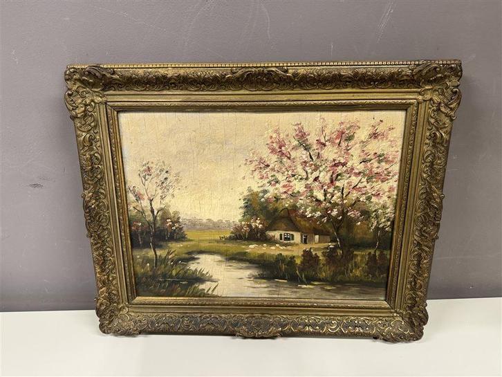 schilderij - bloesemboom bij boerderij, Antiek en Kunst, Kunst | Schilderijen | Klassiek, Ophalen of Verzenden