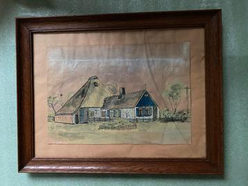 Ingekleurde  Pentekening Texelse Boerderij beschikbaar voor biedingen