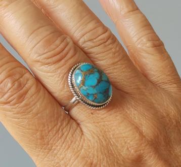 925 zilveren ring met natuurlijke Blauwe Koper Turquoise beschikbaar voor biedingen