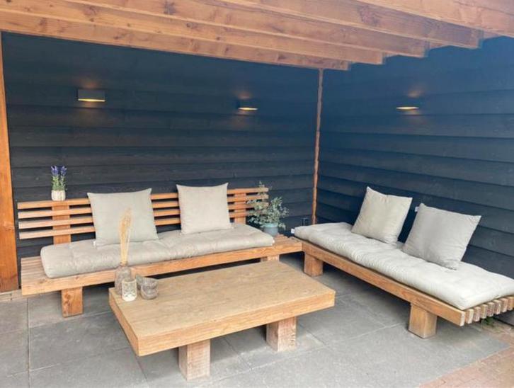Tuinset douglashout inclusief (zit)kussens!, Tuin en Terras, Tuinsets en Loungesets, Gebruikt, Loungeset, Hout, Bank, Bijzettafel