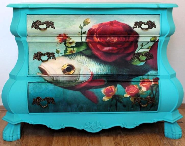 Prachtig blauw buikkastje, grote ladekast “Bloemen Vis”, Huis en Inrichting, Kasten | Ladekasten, Zo goed als nieuw, Minder dan 100 cm
