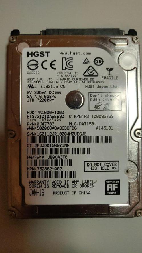HGST 1TB 7200RPM 2.5" HDD, Computers en Software, Harde schijven, Gebruikt, Desktop, Intern, HDD, SATA, Ophalen of Verzenden