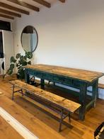 Franse Vintage Eettafel met Banken - Donkergroen, Huis en Inrichting, Tafels | Eettafels, Ophalen, Gebruikt, 100 tot 150 cm, Vijf personen of meer