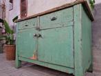 Vintage Groen Houten Dressoir Kleine Werkbank Laden & Deuren, Vintage Landelijk Brocante Industrieel, 100 tot 150 cm, Gebruikt