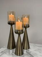 *LOMERE* Set van 3 Metalen Kandelaars met Glas, Nieuw, Ophalen of Verzenden, Metaal, Kandelaar