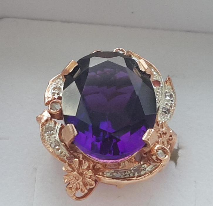Prachtige rose gouden ring met amethist en diamant 9 karaats, Sieraden, Tassen en Uiterlijk, Ringen, Zo goed als nieuw, Dame, 17 tot 18