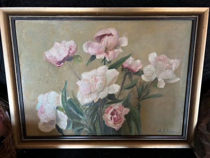 Antiek vintage Rozen Schilderij Gesigneerd J. Clay, Antiek en Kunst, Kunst | Schilderijen | Klassiek, Ophalen of Verzenden