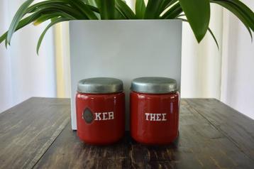 Emaille rode bussen thee suiker vintage retro knalrood wit beschikbaar voor biedingen