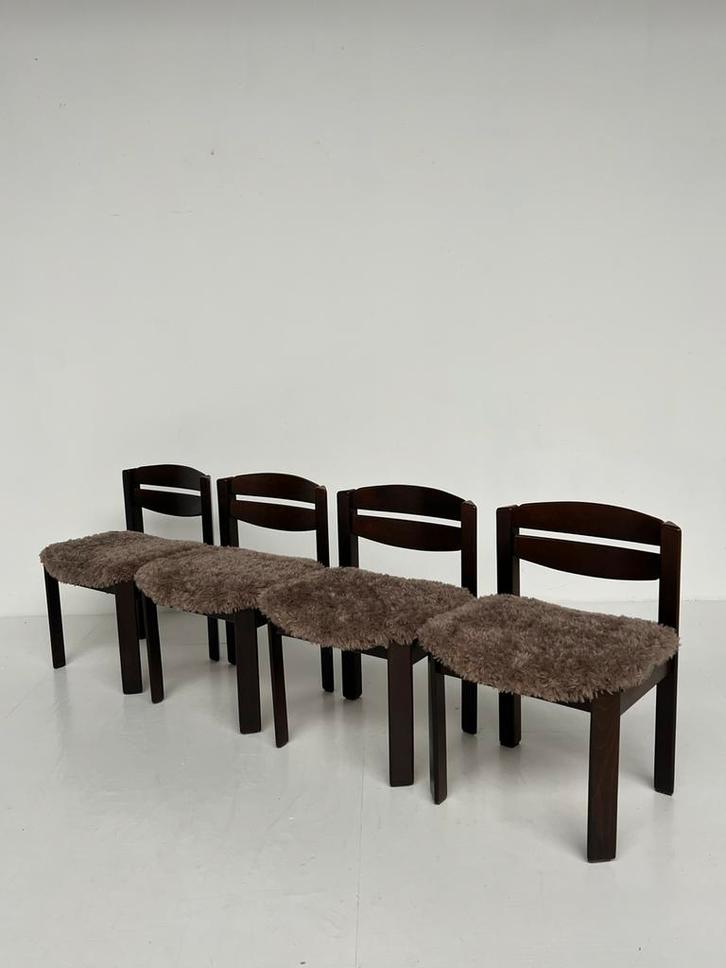 Vintage brutalistische eetkamerstoelen – set van 4, Huis en Inrichting, Stoelen, Zo goed als nieuw, Vier, Bruin, Ophalen of Verzenden