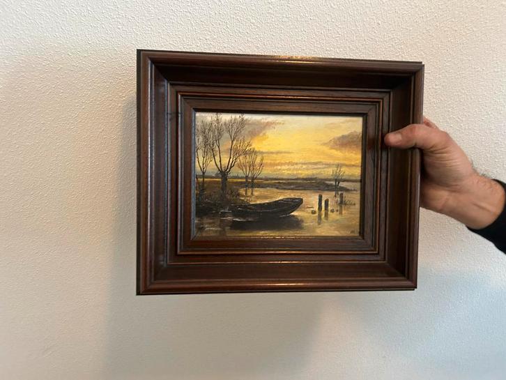 Schilderij met boot in waterlandschap, Antiek en Kunst, Kunst | Schilderijen | Klassiek, Ophalen