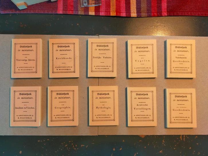 Bibliotheek in miniatuur. 10 boekjes in kastje, Antiek en Kunst, Antiek | Boeken en Bijbels, Ophalen of Verzenden