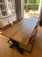 Complete eet hoek set +6 stoelen 220cm leer suede X-poot, Huis en Inrichting, Ophalen, Zo goed als nieuw, 6 tot 8 stoelen