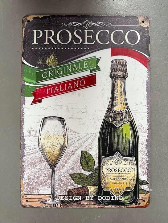Prosecco Italiaanse Metalen bord 30 bij 20, Verzamelen, Wijnen, Gebruikt, Champagne, Italië, Vol, Ophalen of Verzenden