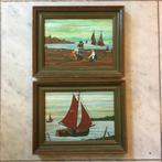 Twee leuke kleine schilderijtjes, strand, boot, Antiek en Kunst, Kunst | Schilderijen | Klassiek, Ophalen of Verzenden