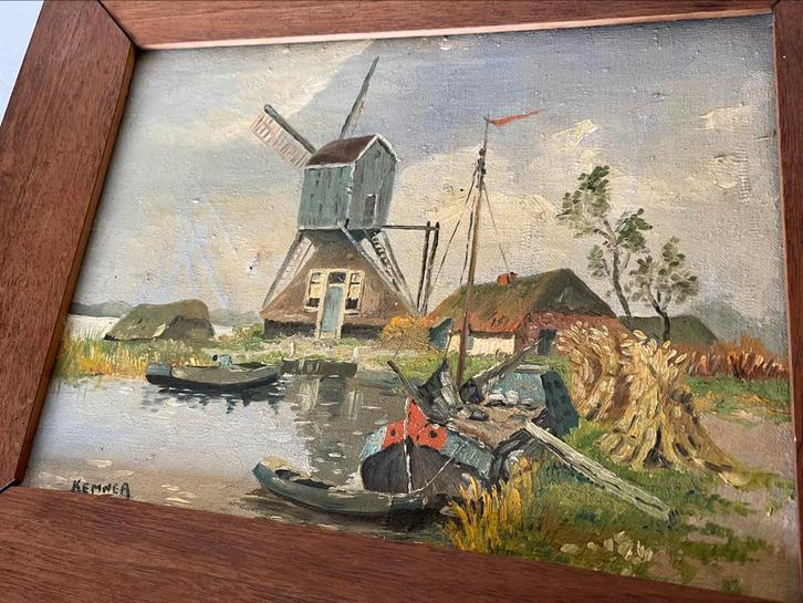 Schilderij Molen Bootjes Windmolen Boten Rivier Tjalk Meer, Antiek en Kunst, Kunst | Schilderijen | Klassiek, Ophalen of Verzenden