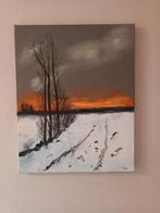 Olieverf schilderij. Zonsondergang in de winter., Antiek en Kunst, Ophalen of Verzenden