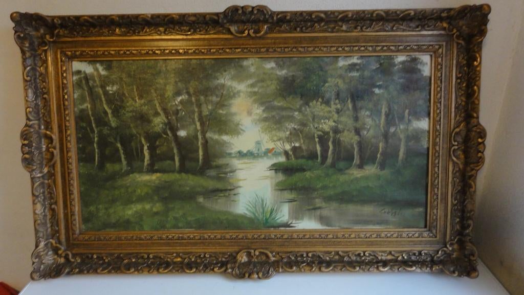 Schilderij, bos, rivier en, molen en huizen gesigneerd, Ophalen of Verzenden
