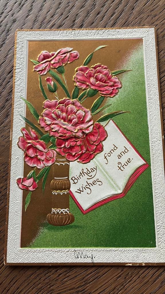 Felicitatie. Reliëf. Veel Goudopdruk, vaas met anjers., Ophalen of Verzenden, Voor 1920, Overige thema's