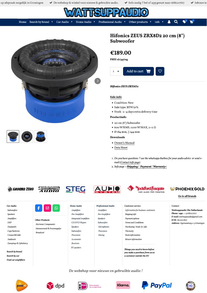 Hifonics ZEUS ZRX8D2 20 cm (8") Subwoofer, Auto diversen, Autospeakers, Audio Design, Nieuw, Am Breilingsweg 3, 76709 Kronau, Duitsland
