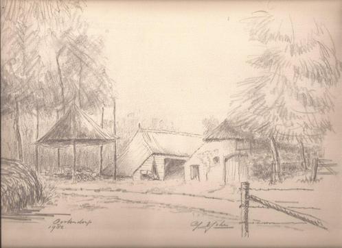 G. IJskes. Potloodtekening Oostendorp Boerenschuren 1982, Antiek en Kunst, Kunst | Tekeningen en Foto's, Ophalen of Verzenden