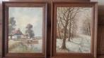 twee schilderijen L. Woudstra. Winterlandschap en boer boot., Antiek en Kunst, Ophalen