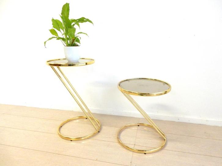Vintage bijzettafel hollywood regency goud messing kleur, Huis en Inrichting, Tafels | Sidetables, Gebruikt, Rond, Glas, Metaal